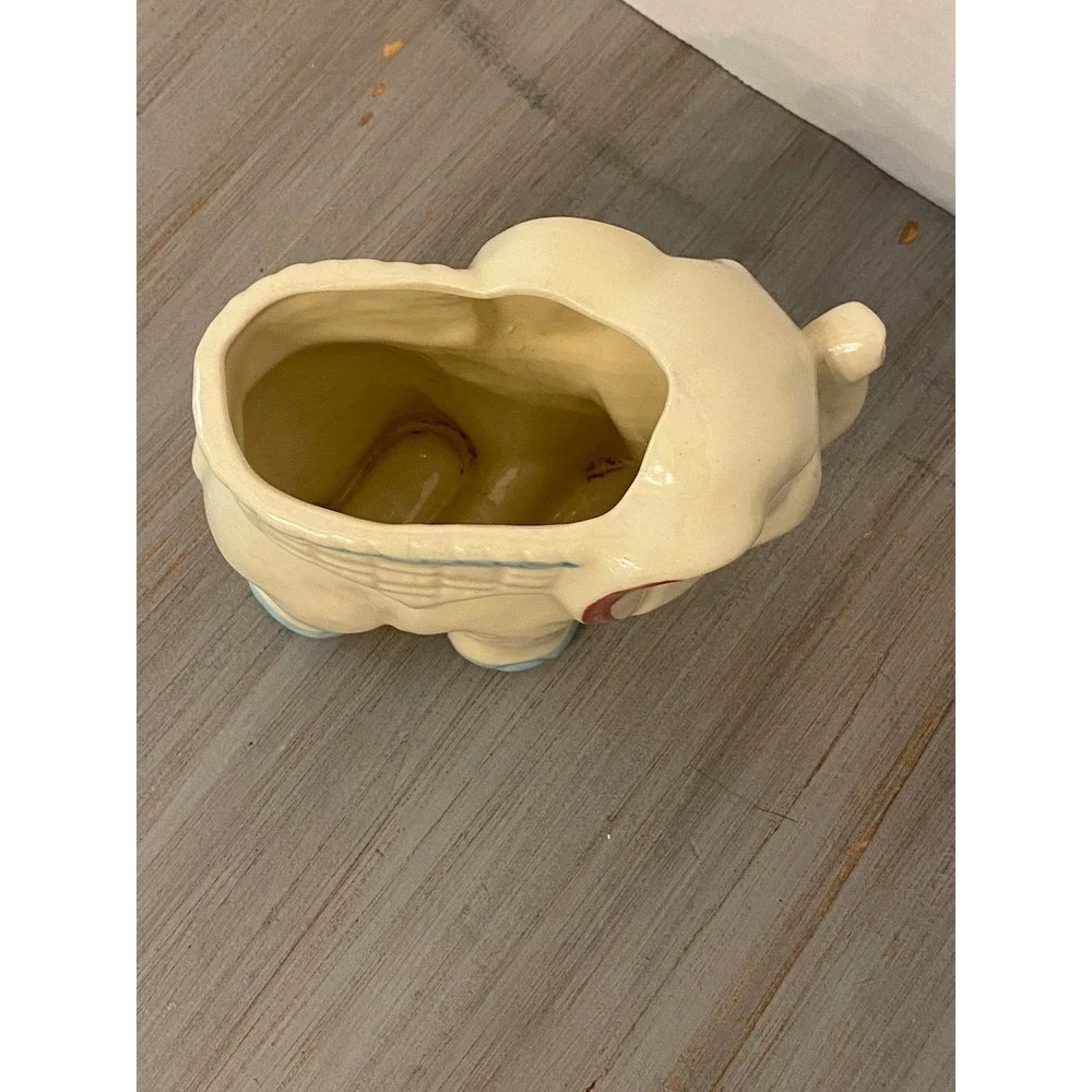 Vintage USA Ceramic Elephant Planter Cream Blue Red Mid Century Pottery Novelty